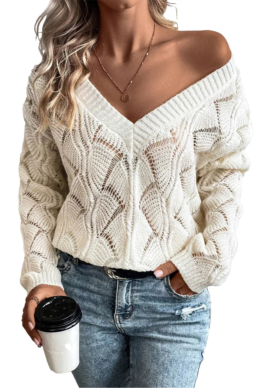 Beige Hollow Out Knit V Neck Drop Shoulder Sweater Beagle Boutique Fashion Outlet