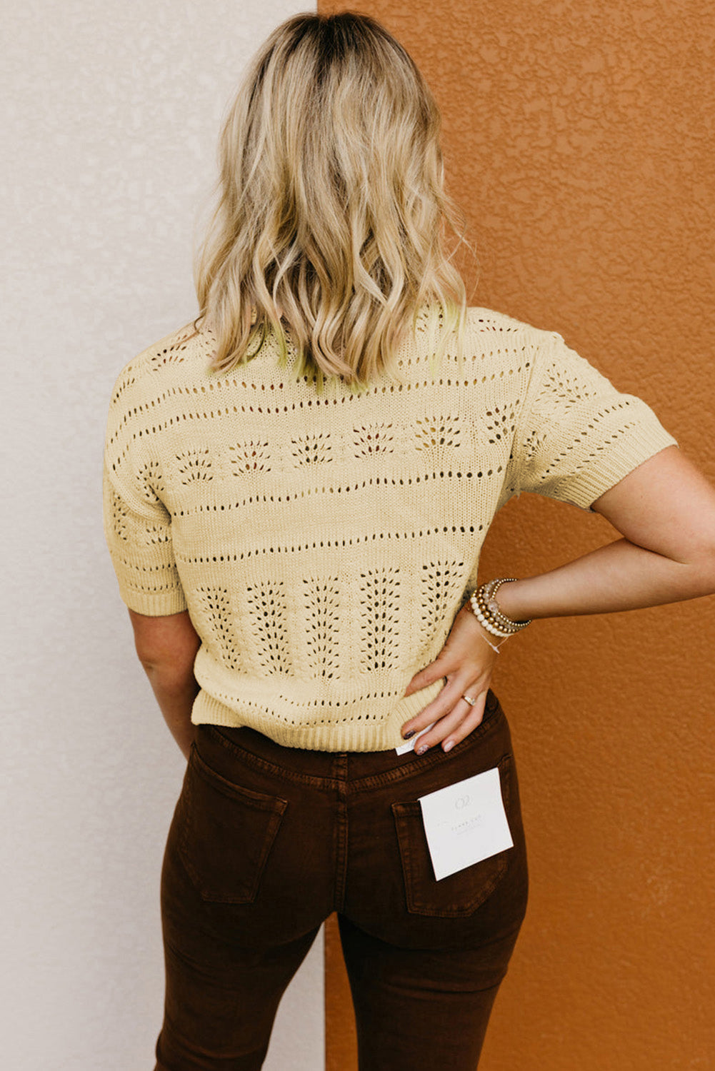 Beige Knitted Hollow out Short Sleeve Crop Sweater - eAura