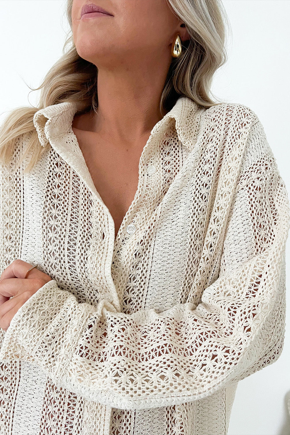 Beige Lace Crochet Collared Tunic Oversized Shirt - eAura