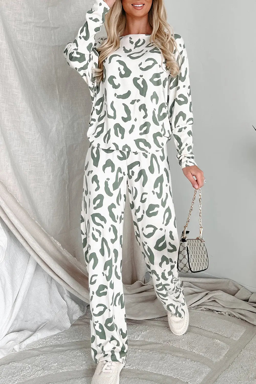 Beige Leopard Animal Print Long Sleeve and Trousers Loungewear Set eAura