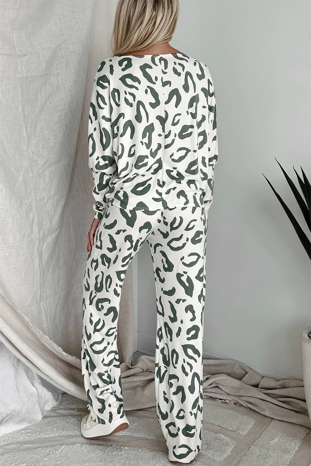 Beige Leopard Animal Print Long Sleeve and Trousers Loungewear Set eAura