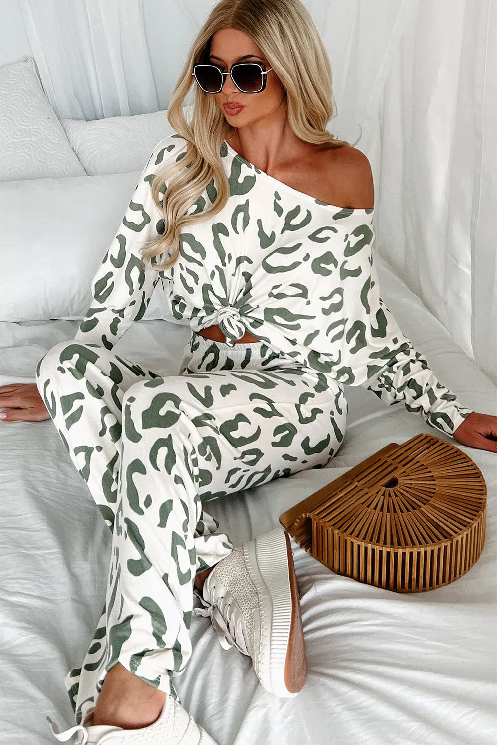 Beige Leopard Animal Print Long Sleeve and Trousers Loungewear Set eAura