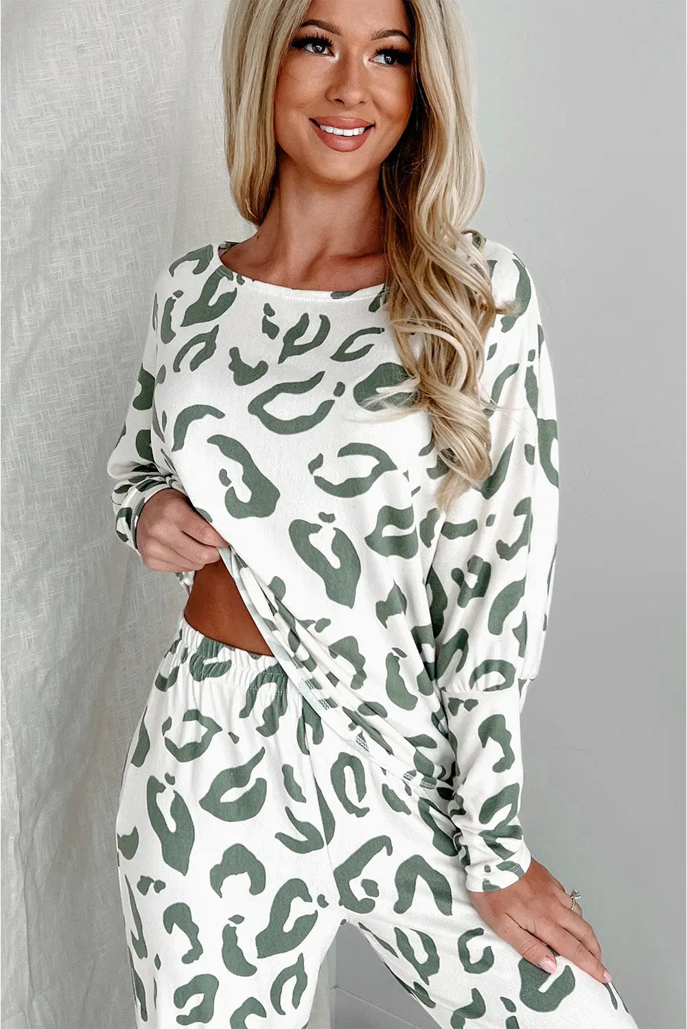 Beige Leopard Animal Print Long Sleeve and Trousers Loungewear Set eAura