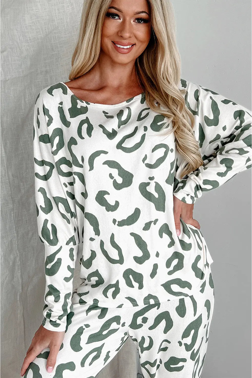 Beige Leopard Animal Print Long Sleeve and Trousers Loungewear Set eAura