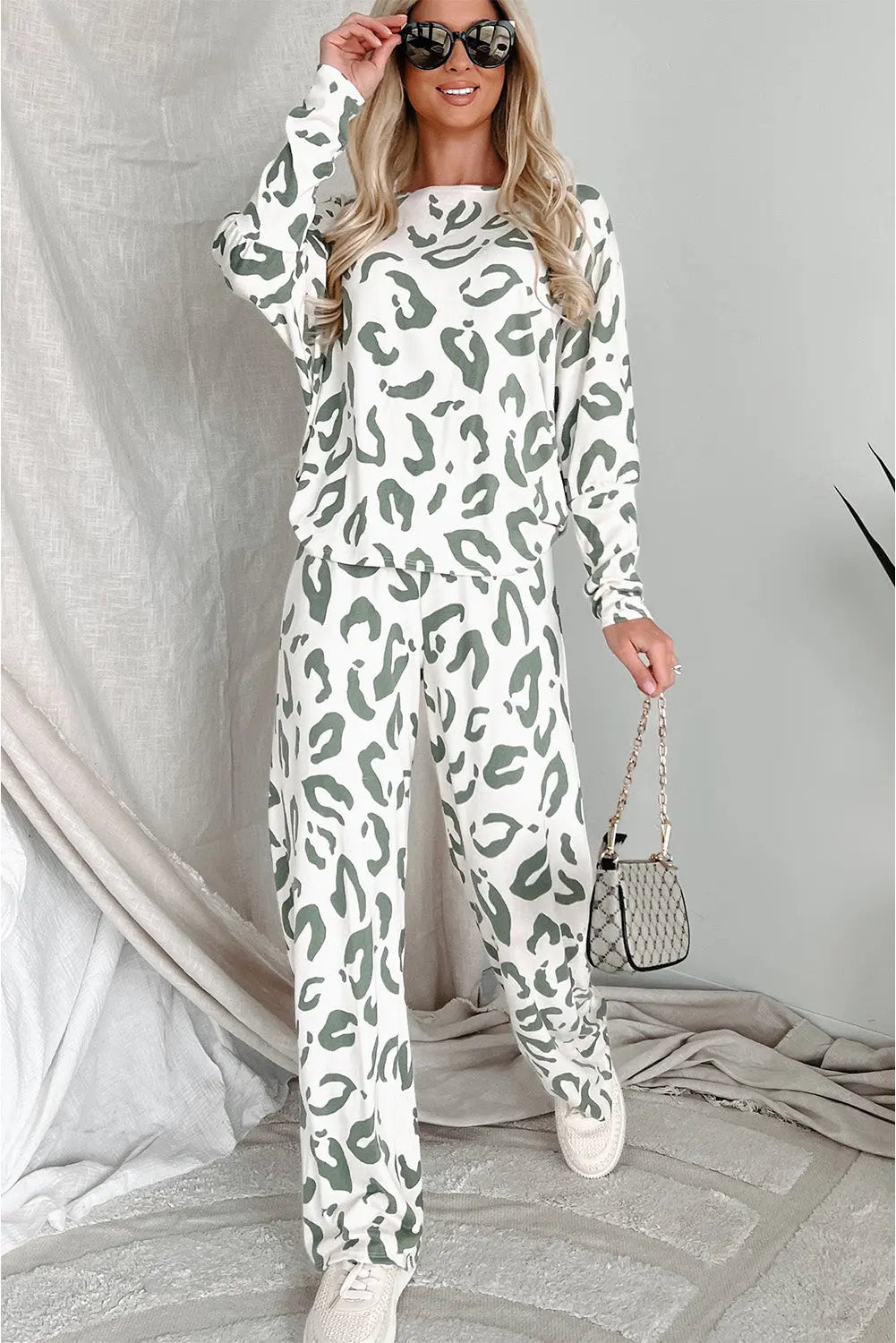 Beige Leopard Animal Print Long Sleeve and Trousers Loungewear Set eAura