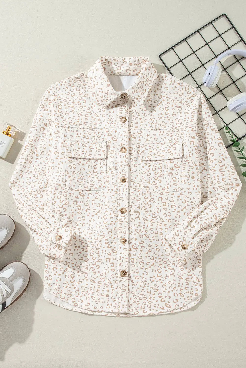 Beige Leopard Print Flap Pockets Buttoned Corduroy Shacket - BB Fashion Outlet
