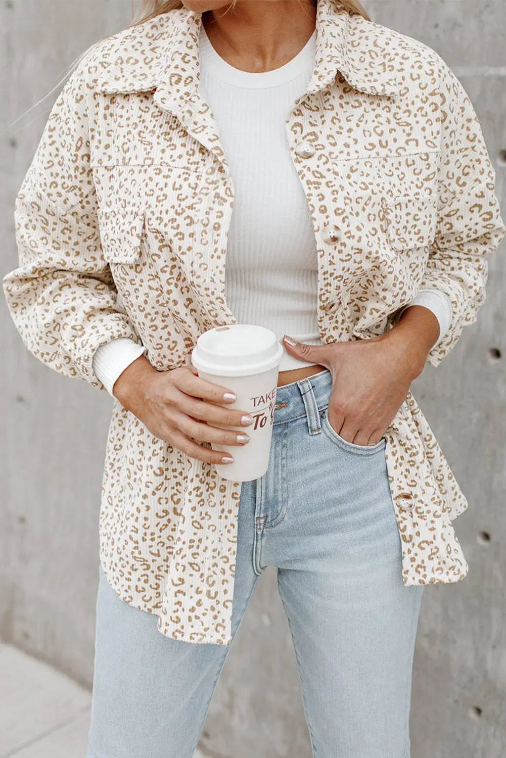 Beige Leopard Print Flap Pockets Buttoned Corduroy Shacket - BB Fashion Outlet