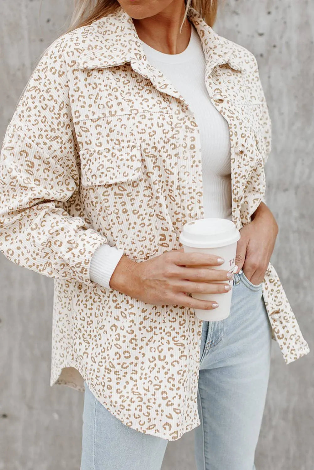 Beige Leopard Print Flap Pockets Buttoned Corduroy Shacket - BB Fashion Outlet