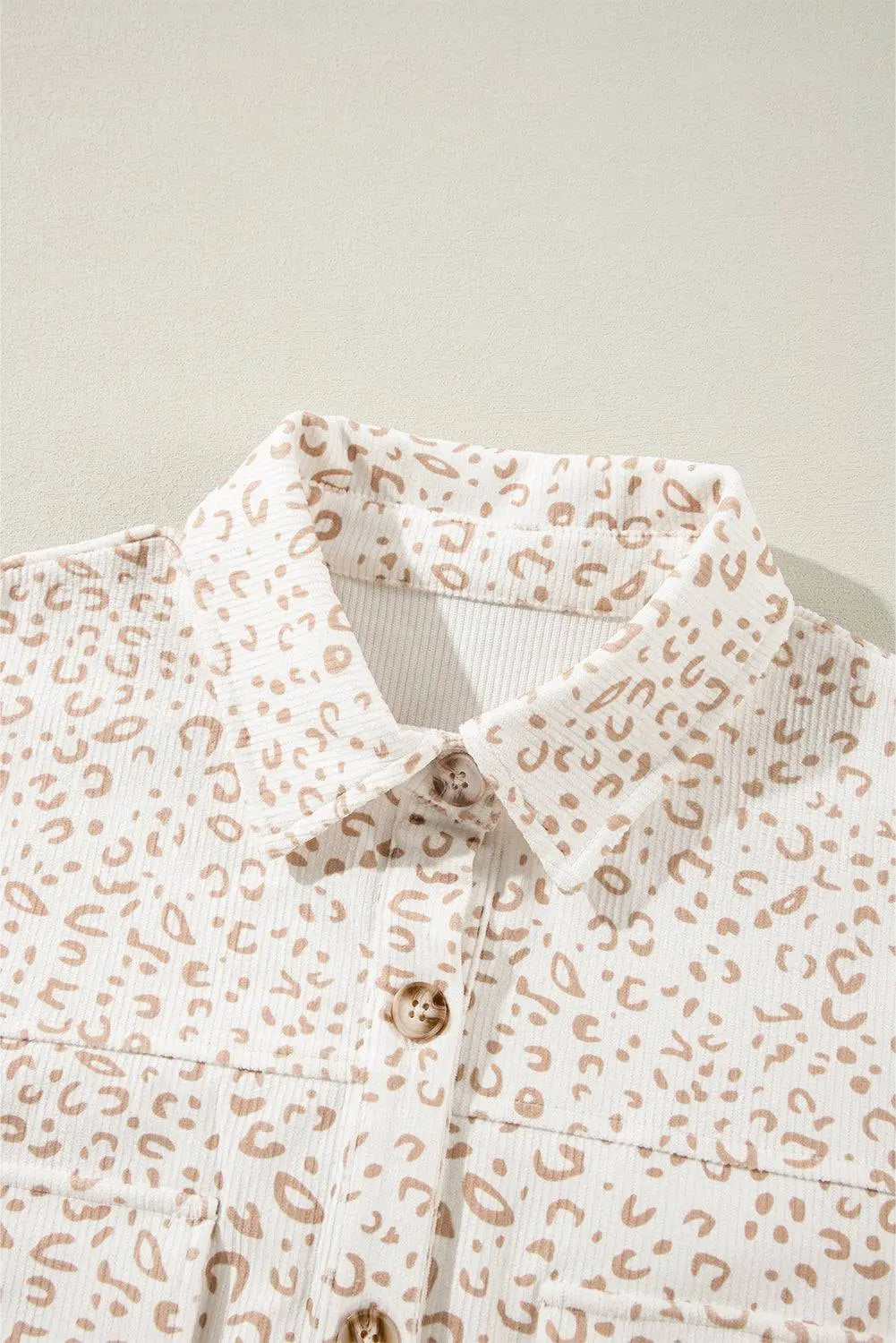 Beige Leopard Print Flap Pockets Buttoned Corduroy Shacket - BB Fashion Outlet