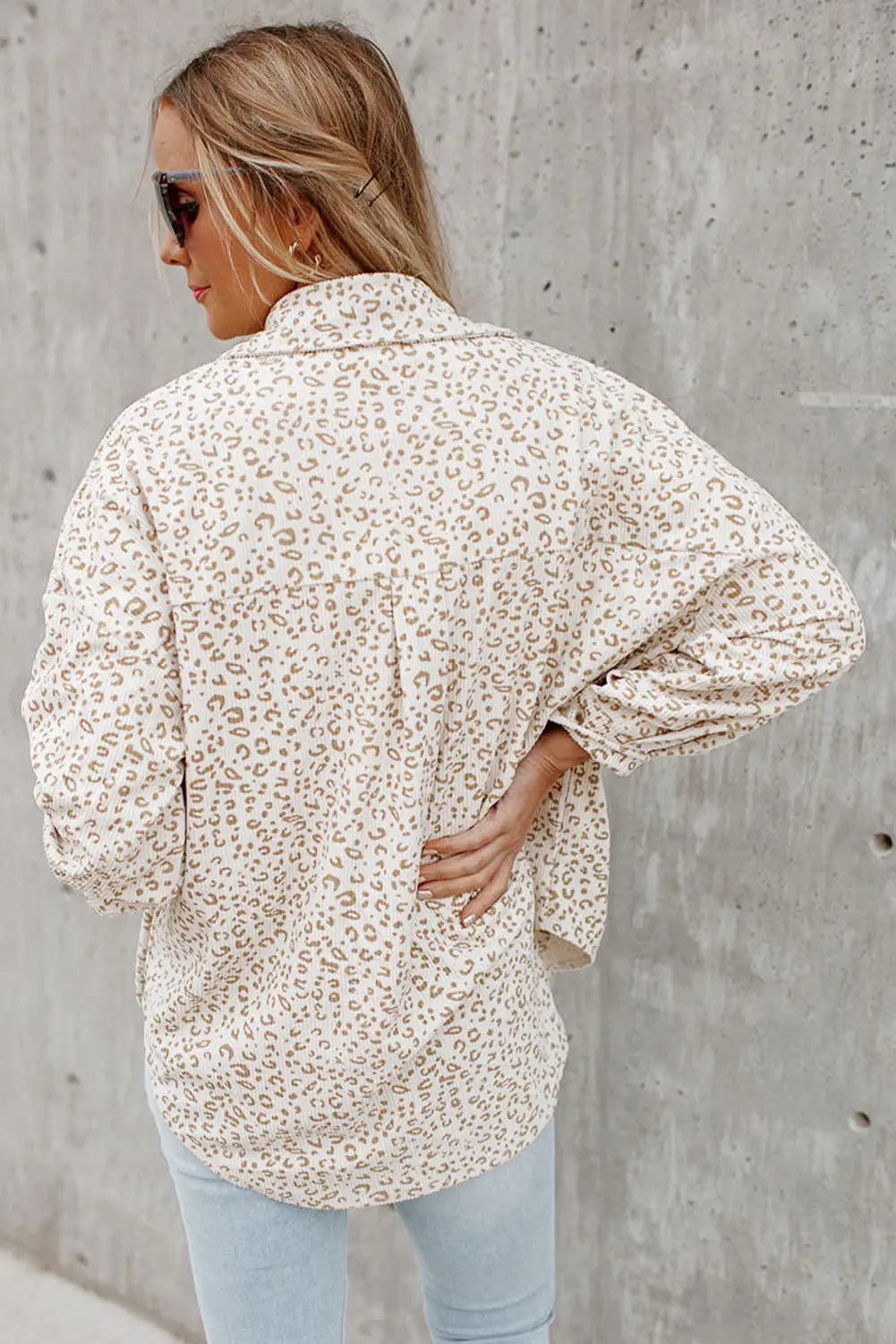 Beige Leopard Print Flap Pockets Buttoned Corduroy Shacket - eAura