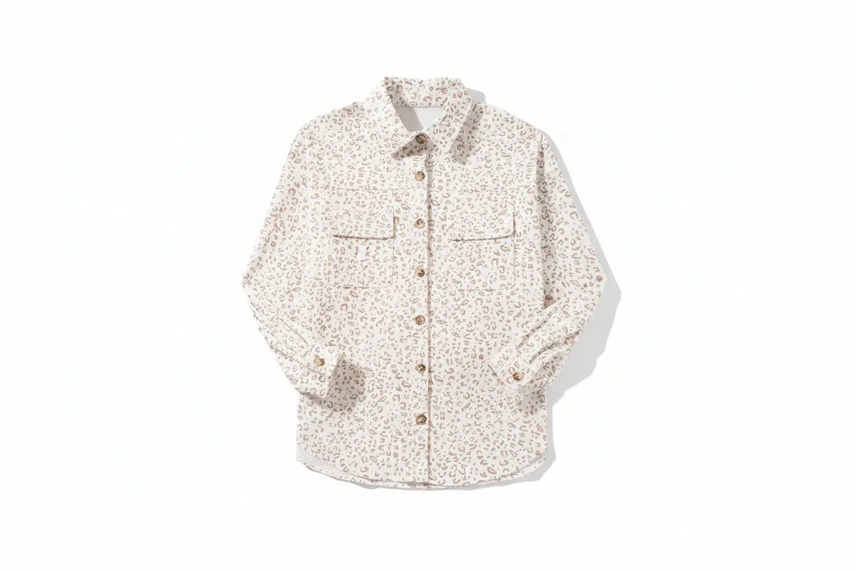 Leopard Print Flap Pockets Buttoned Corduroy Shacket