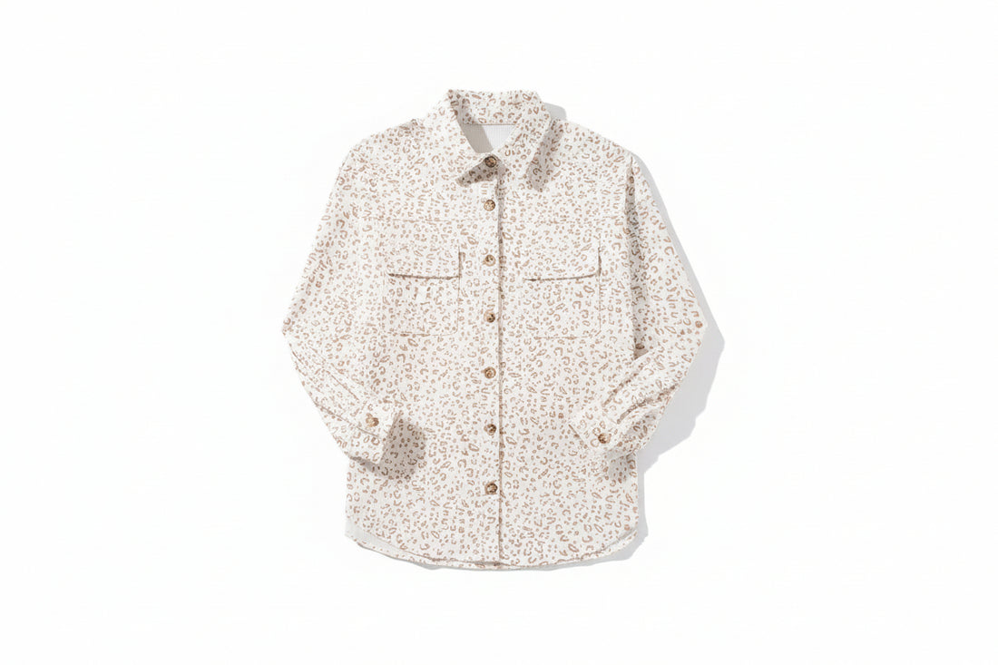 Beige Leopard Print Flap Pockets Buttoned Corduroy Shacket - eAura