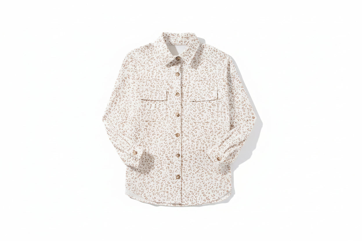 Shop Leopard Print Flap Pockets Buttoned Corduroy Shacket at eAura