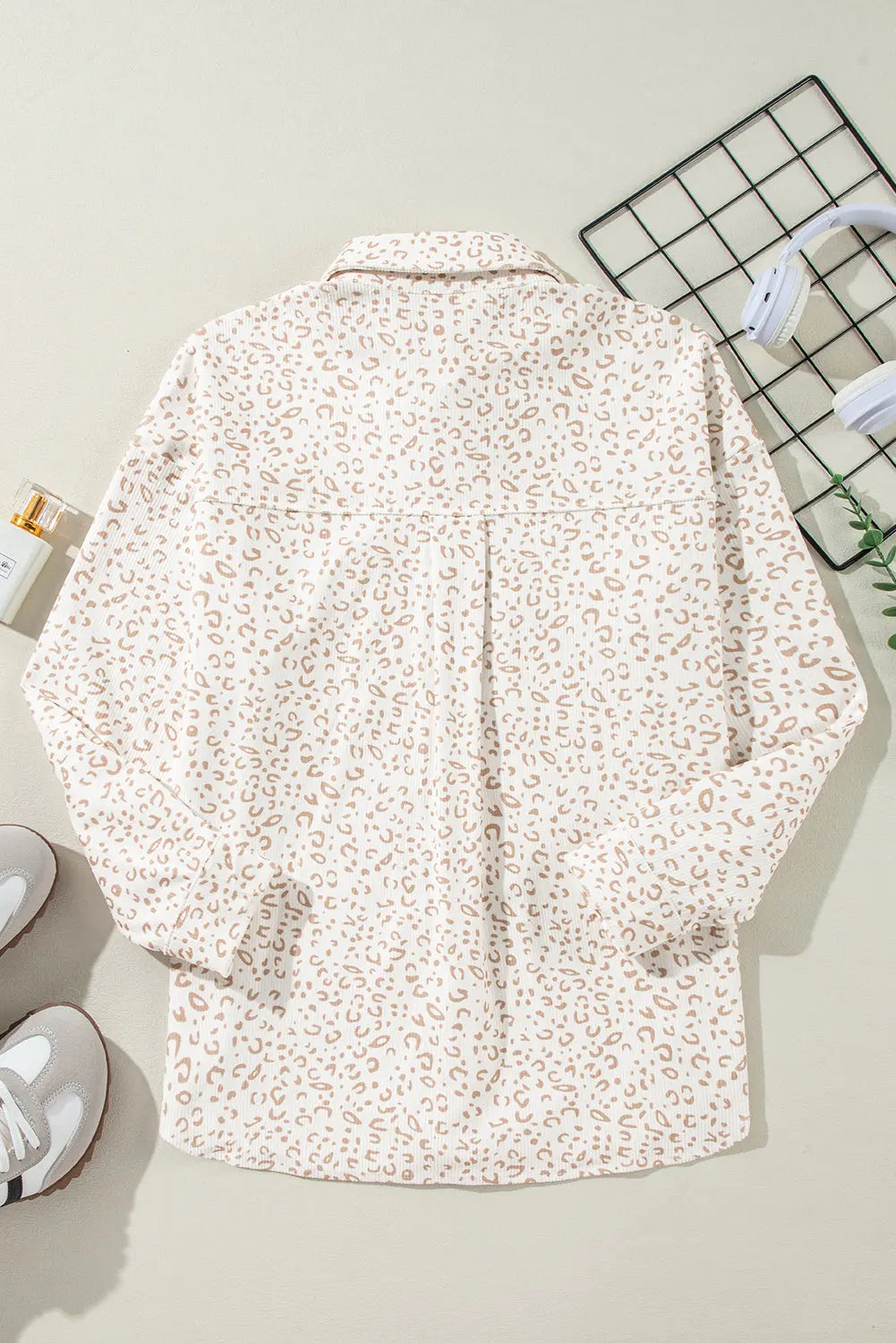 Beige Leopard Print Flap Pockets Buttoned Corduroy Shacket - eAura