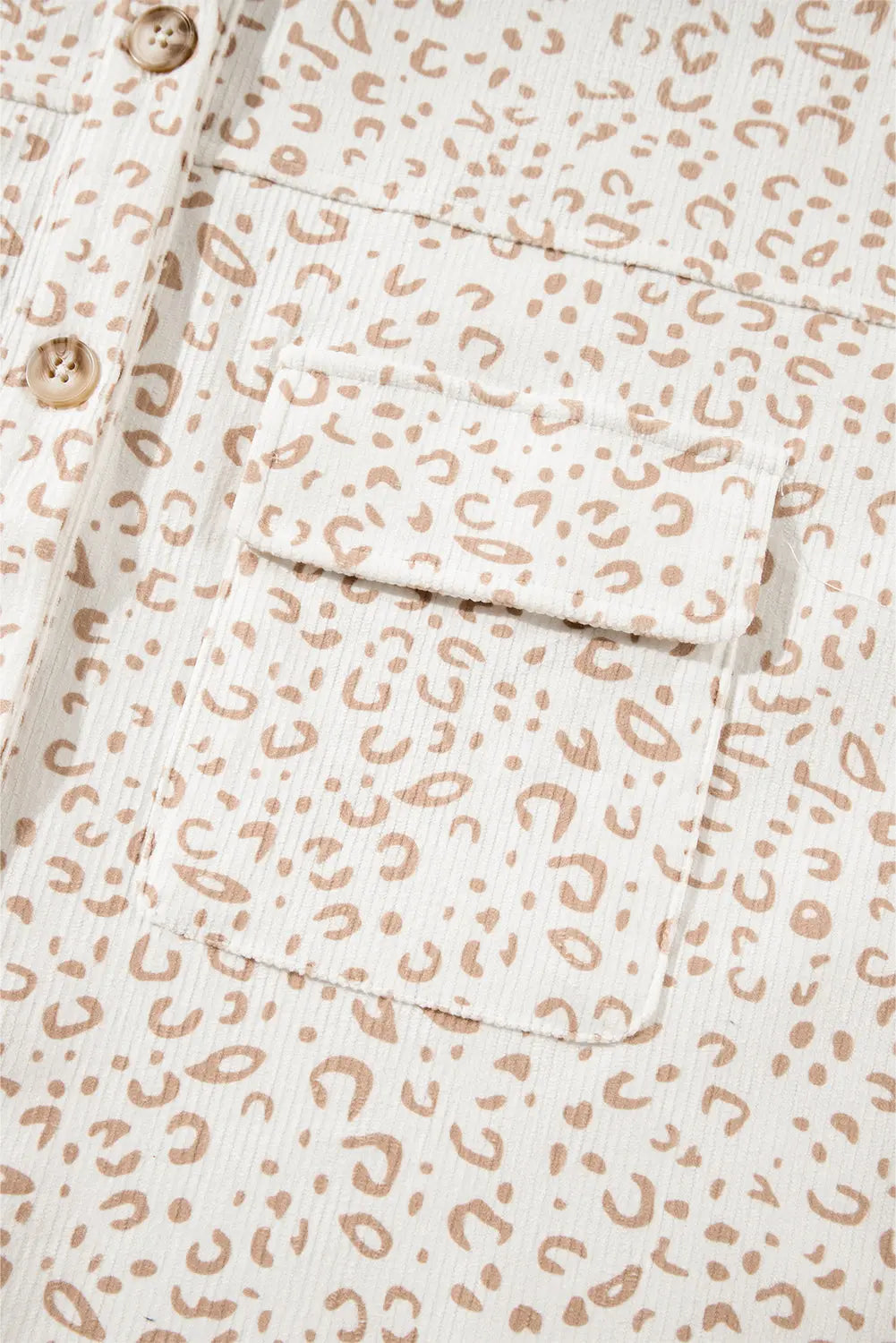 Beige Leopard Print Flap Pockets Buttoned Corduroy Shacket - eAura