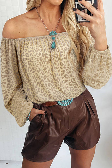 Beige Leopard Velvet Burnout Off Shoulder Long Sleeve Blouse - eAura