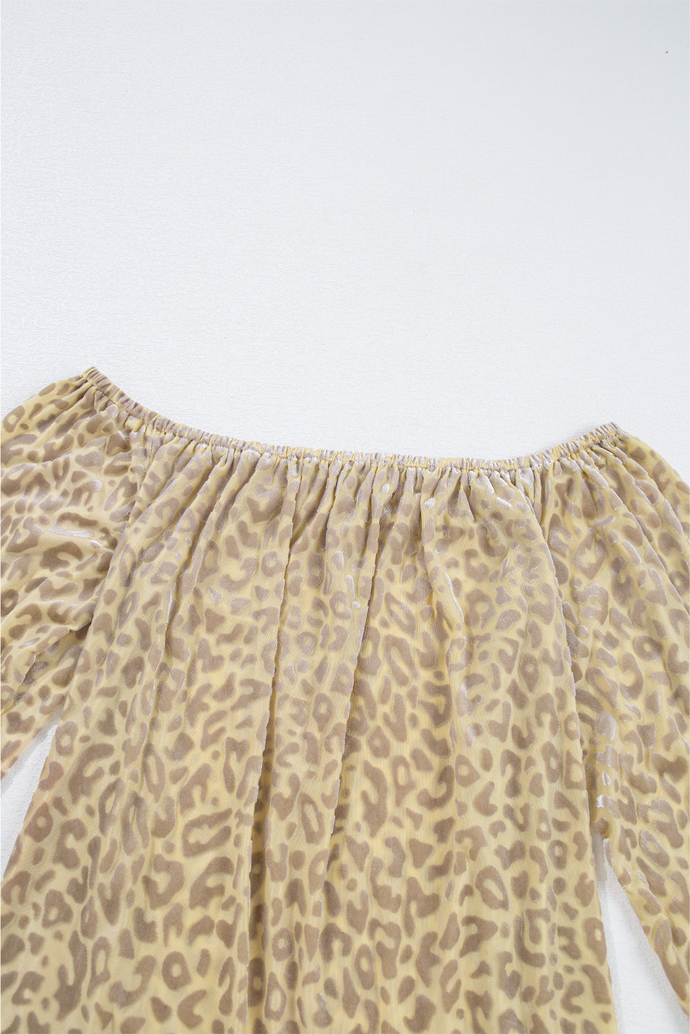 Beige Leopard Velvet Burnout Off Shoulder Long Sleeve Blouse - eAura