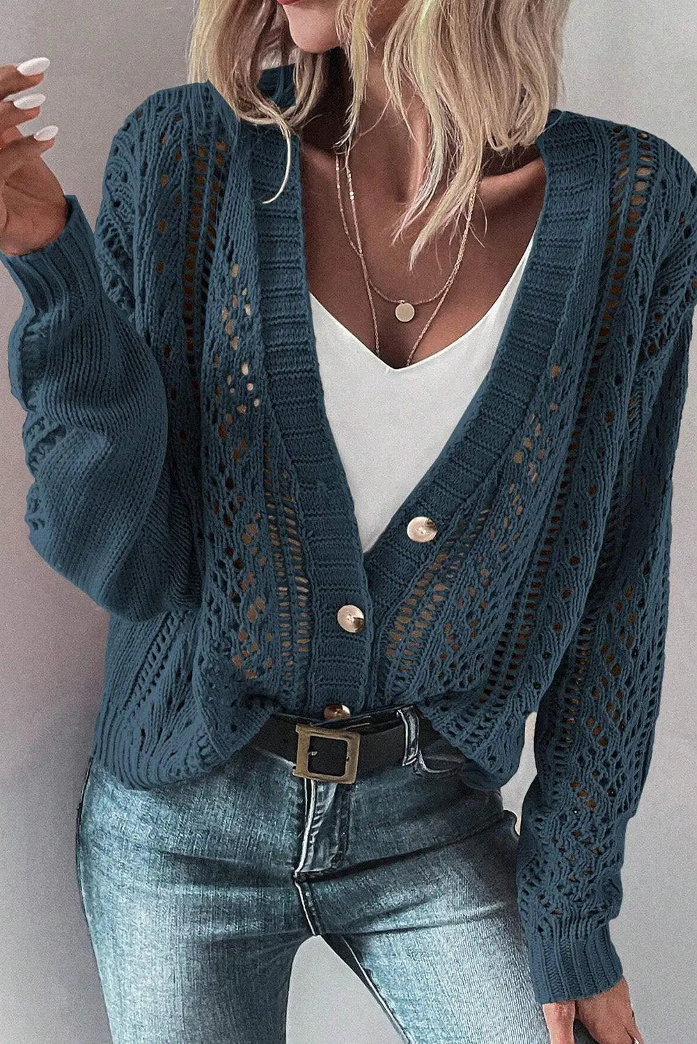 Beige Open Knit Drop Shoulder Sweater Cardigan Beagle Boutique Fashion Outlet
