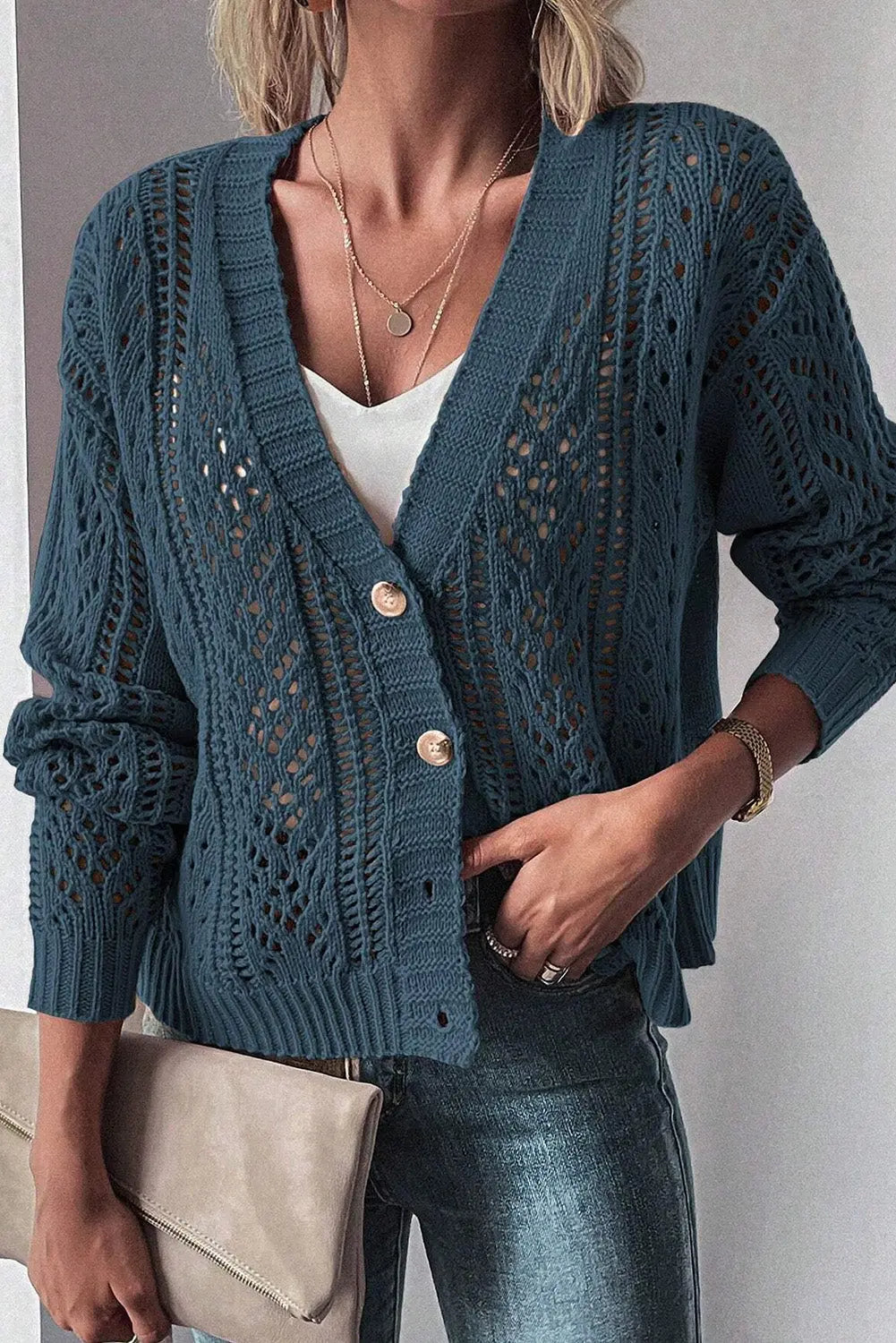 Beige Open Knit Drop Shoulder Sweater Cardigan Beagle Boutique Fashion Outlet