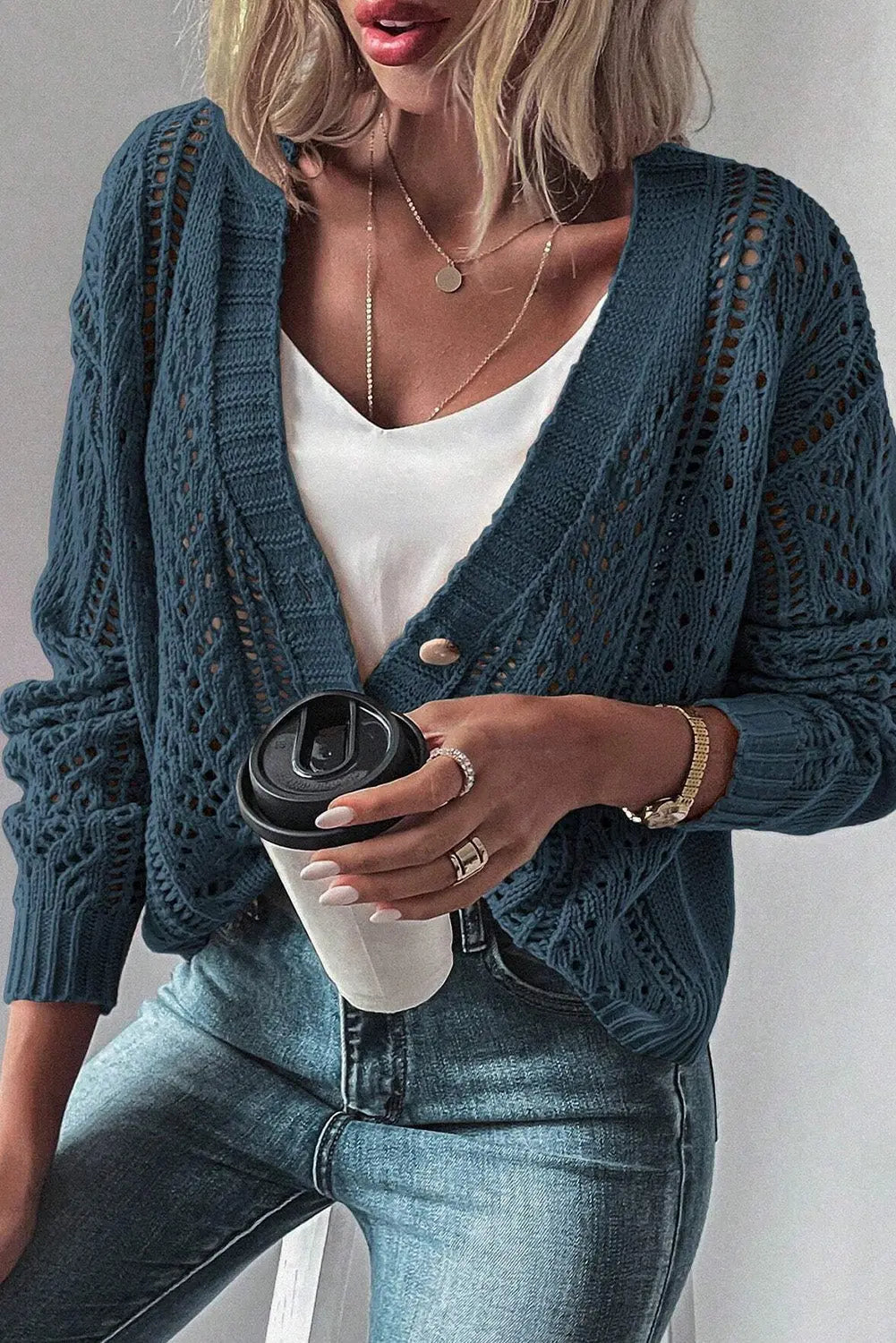 Beige Open Knit Drop Shoulder Sweater Cardigan Beagle Boutique Fashion Outlet