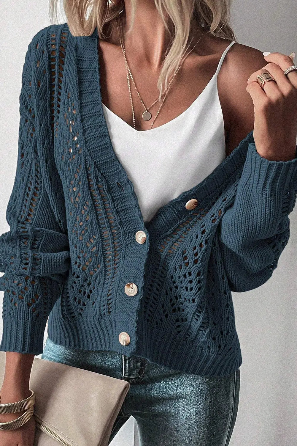 Beige Open Knit Drop Shoulder Sweater Cardigan Beagle Boutique Fashion Outlet