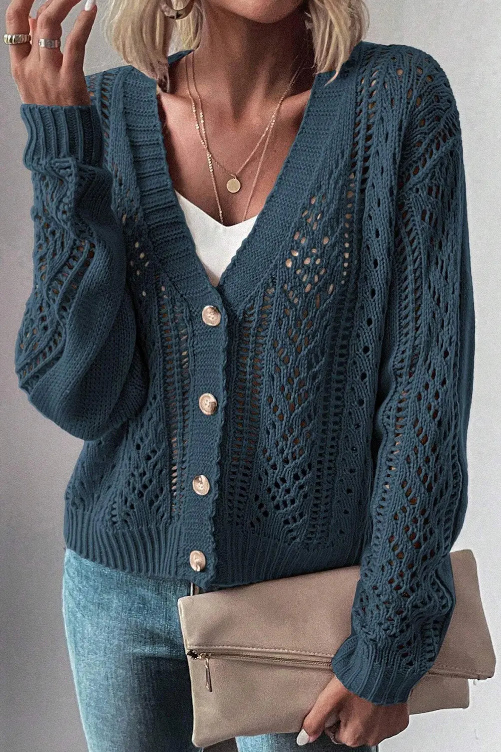 Beige Open Knit Drop Shoulder Sweater Cardigan Beagle Boutique Fashion Outlet
