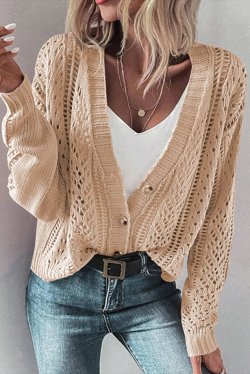 Beige Open Knit Drop Shoulder Sweater Cardigan Beagle Boutique Fashion Outlet