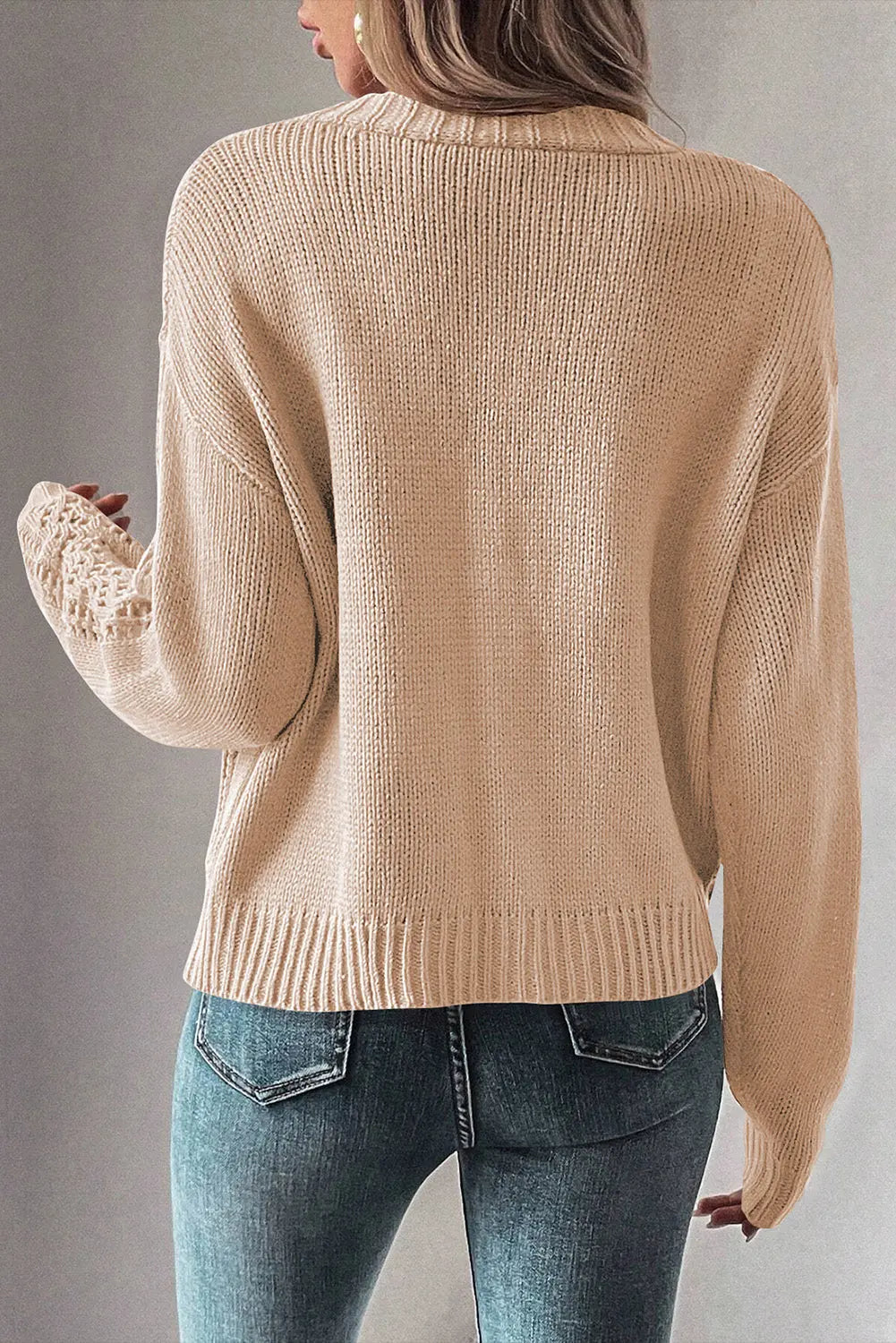 Beige Open Knit Drop Shoulder Sweater Cardigan Beagle Boutique Fashion Outlet