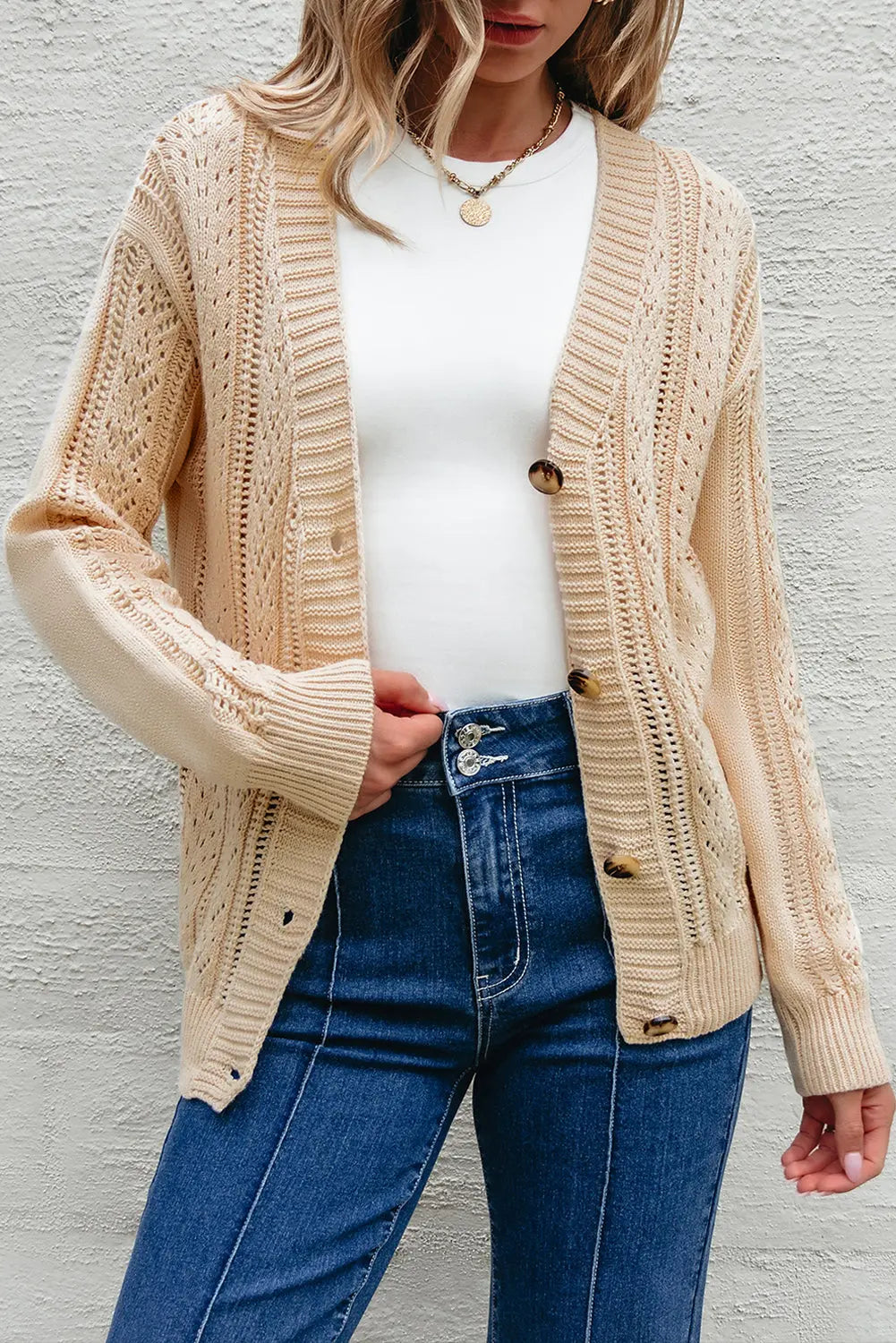 Beige Open Knit Drop Shoulder Sweater Cardigan Beagle Boutique Fashion Outlet