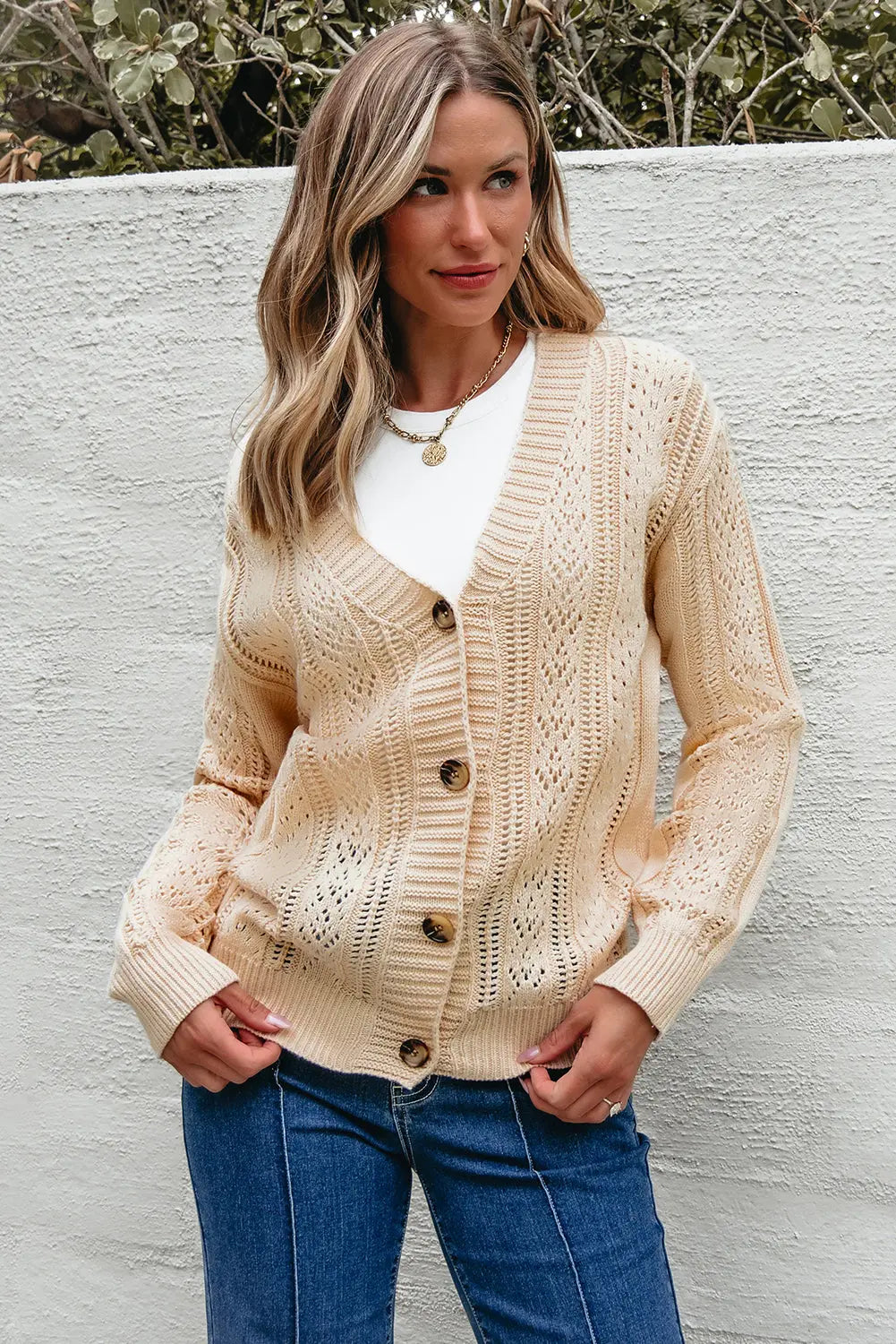 Beige Open Knit Drop Shoulder Sweater Cardigan Beagle Boutique Fashion Outlet