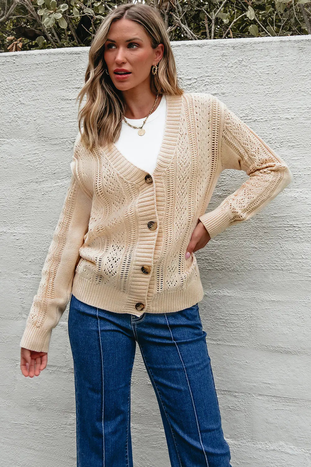 Beige Open Knit Drop Shoulder Sweater Cardigan Beagle Boutique Fashion Outlet