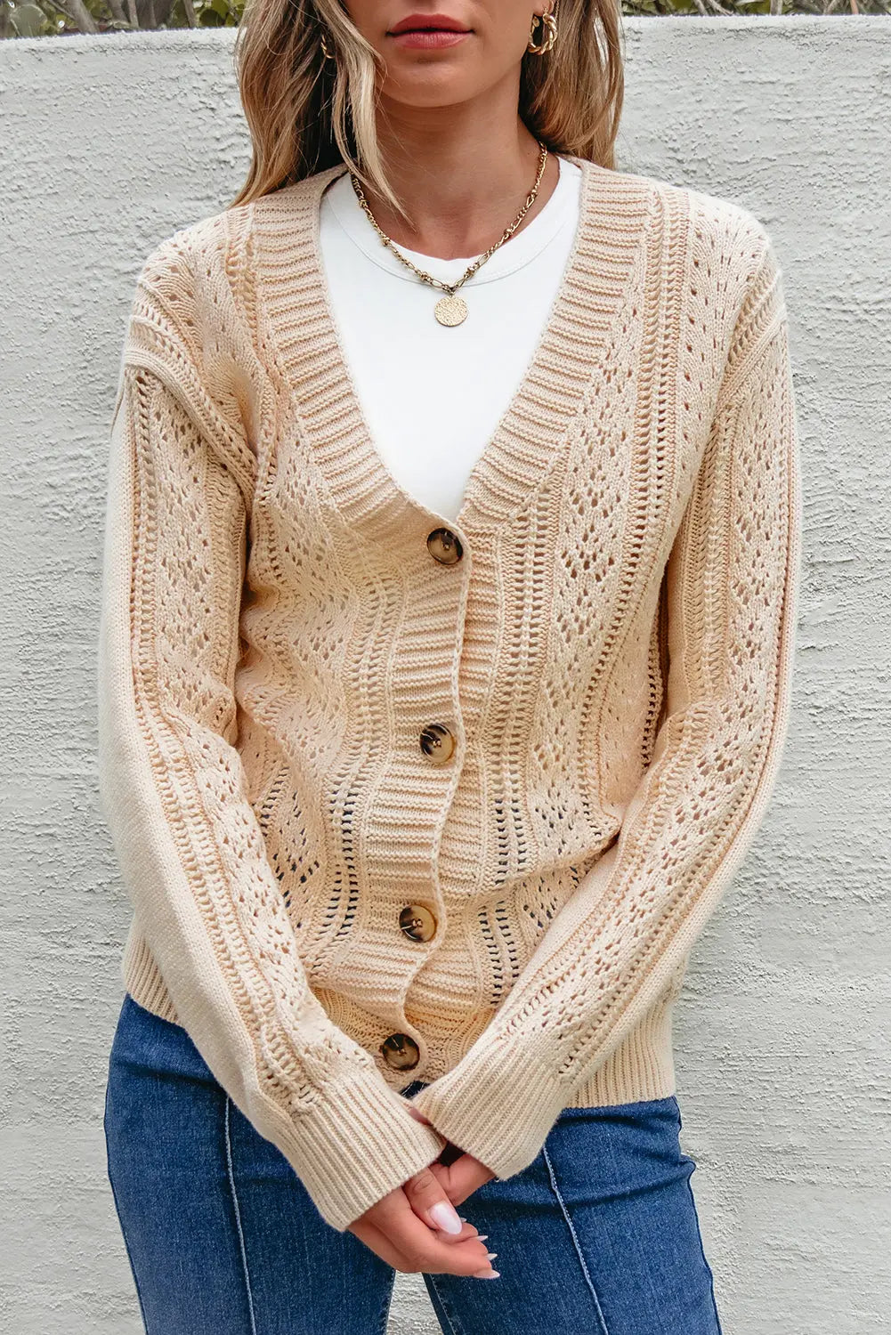 Beige Open Knit Drop Shoulder Sweater Cardigan Beagle Boutique Fashion Outlet