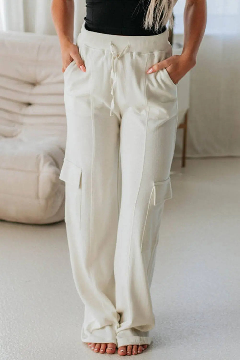 Beige Plain Cargo Pockets High Waist Casual SweatTrousers - BB Fashion Outlet