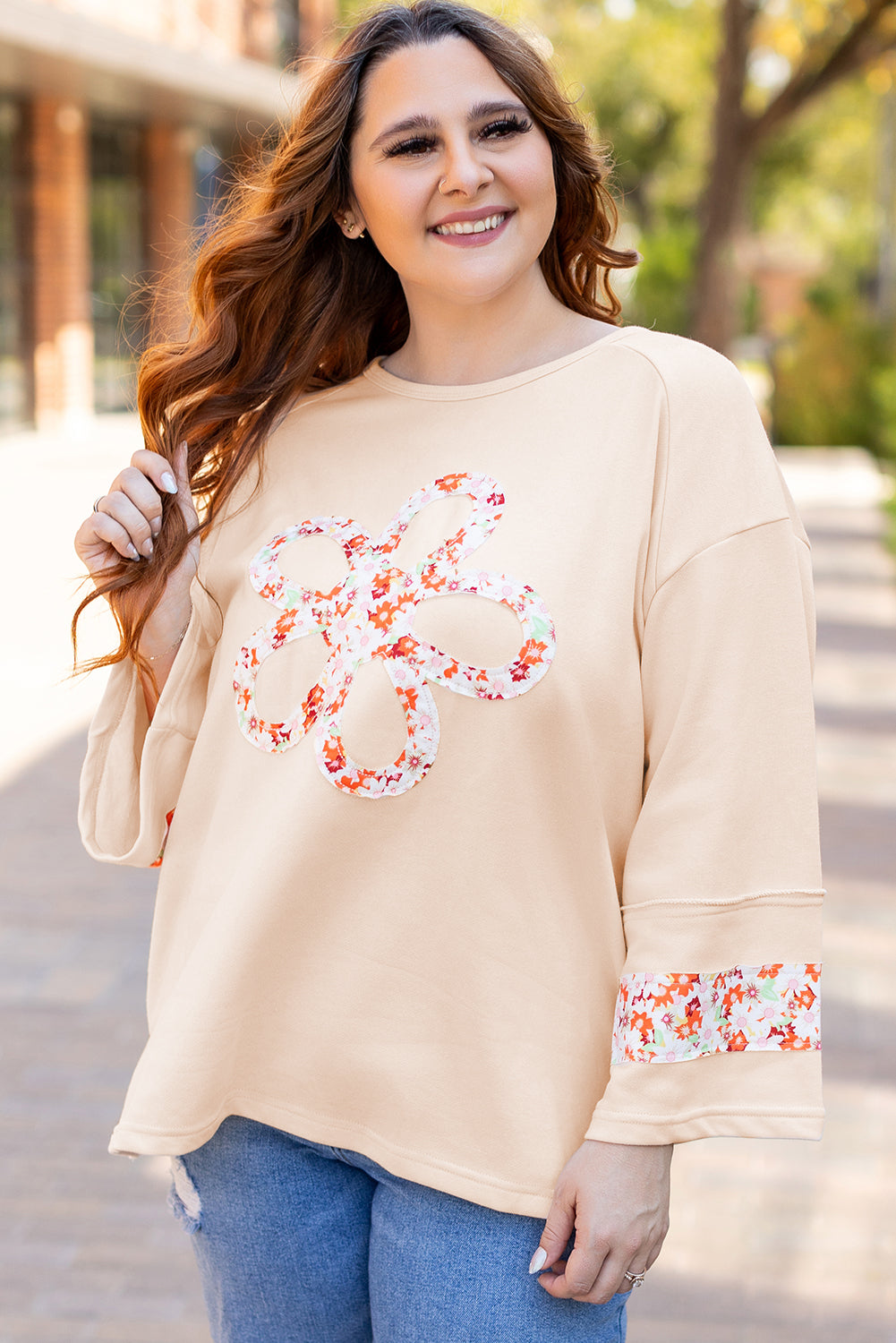 Beige Plus Size Flower Patched Side Slits Crewneck Top - Size/Plus Tops/Plus Tops & Tees