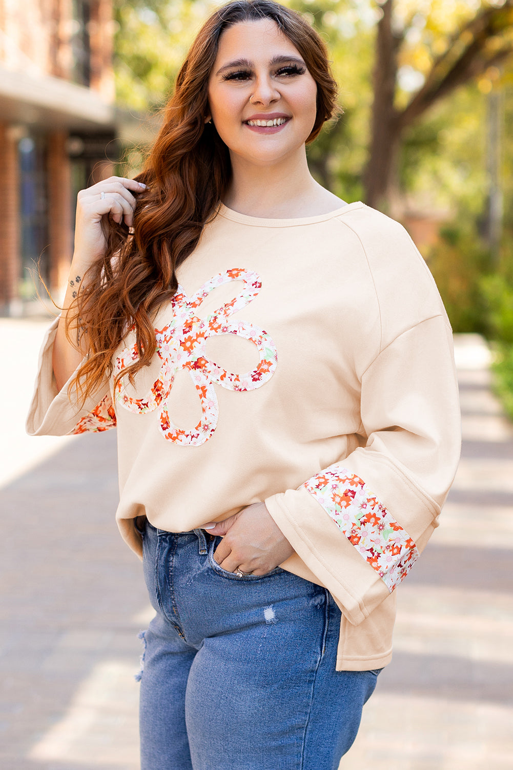 Beige Plus Size Flower Patched Side Slits Crewneck Top - Size/Plus Tops/Plus Tops & Tees