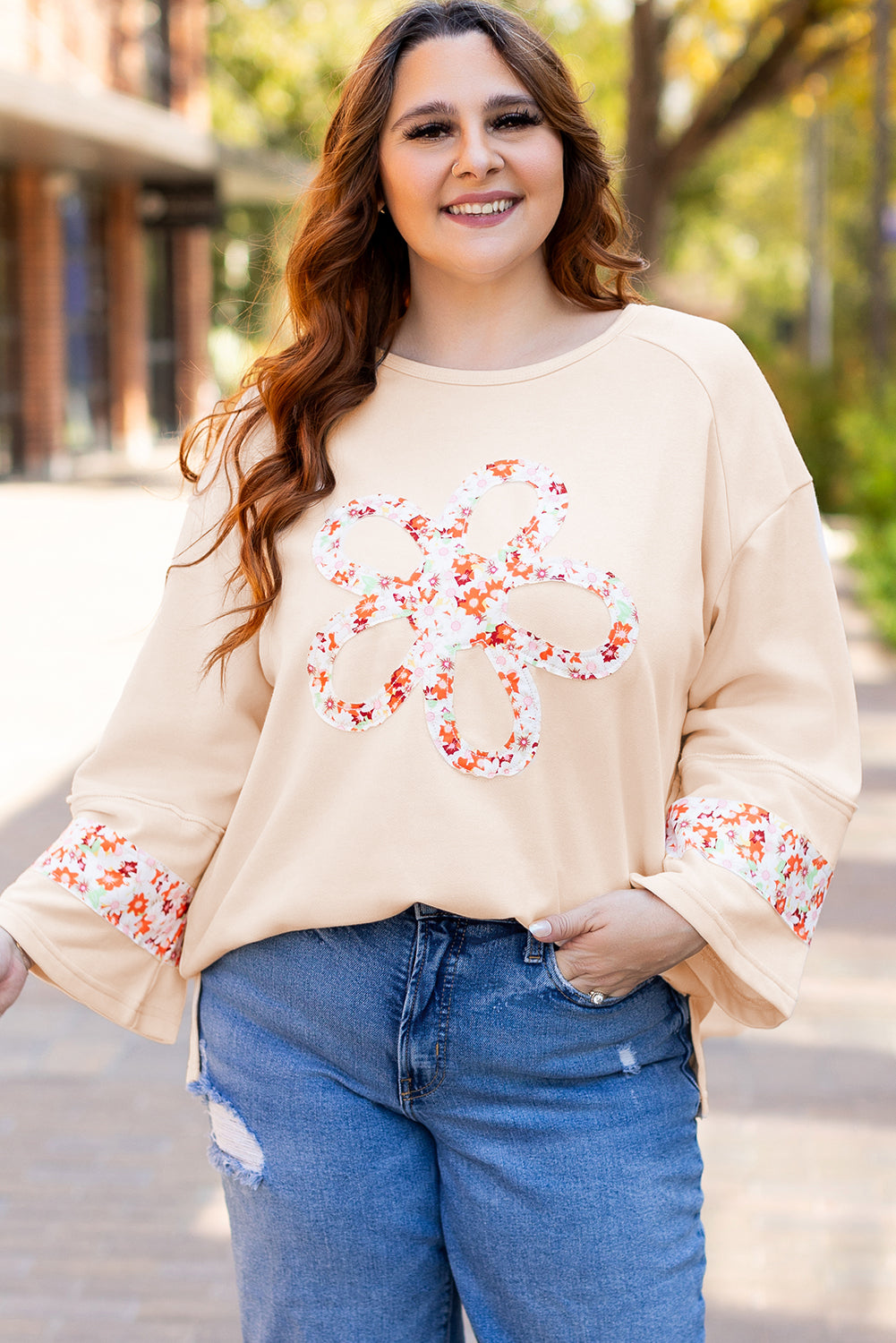 Beige Plus Size Flower Patched Side Slits Crewneck Top - Size/Plus Tops/Plus Tops & Tees