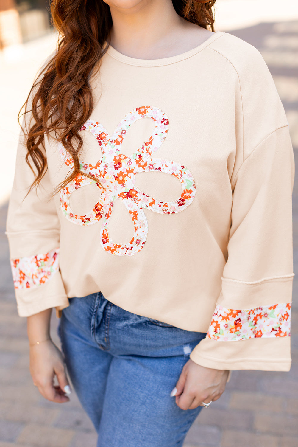 Beige Plus Size Flower Patched Side Slits Crewneck Top - Size/Plus Tops/Plus Tops & Tees