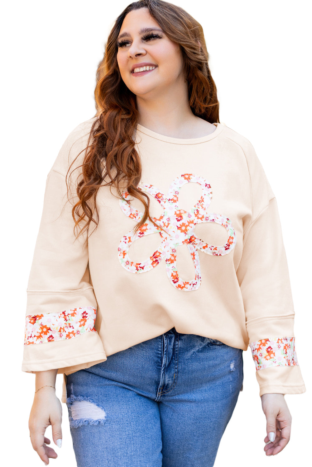 Beige Plus Size Flower Patched Side Slits Crewneck Top - Size/Plus Tops/Plus Tops & Tees