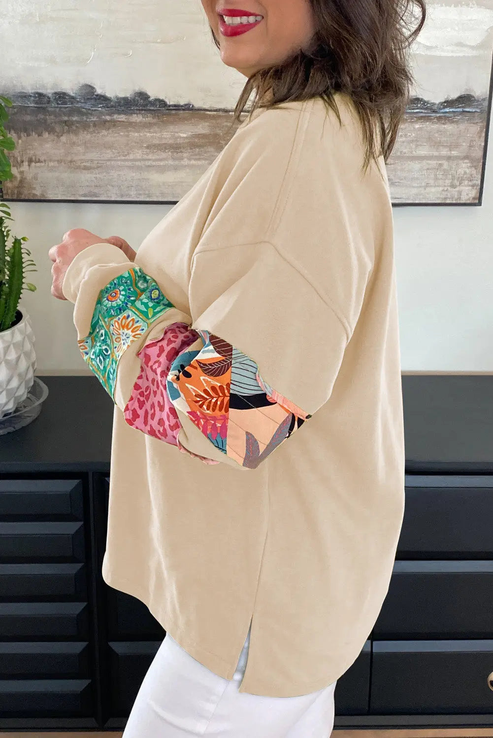 Beige Plus Size Printed Patchwork Sleeve Split Sweatshirt Beagle Boutique Fashion Outlet