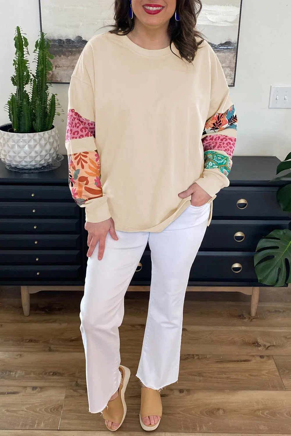 Beige Plus Size Printed Patchwork Sleeve Split Sweatshirt Beagle Boutique Fashion Outlet