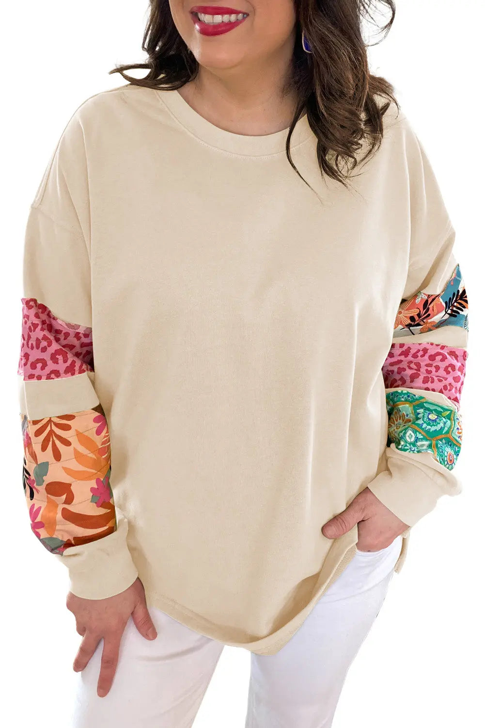 Beige Plus Size Printed Patchwork Sleeve Split Sweatshirt Beagle Boutique Fashion Outlet