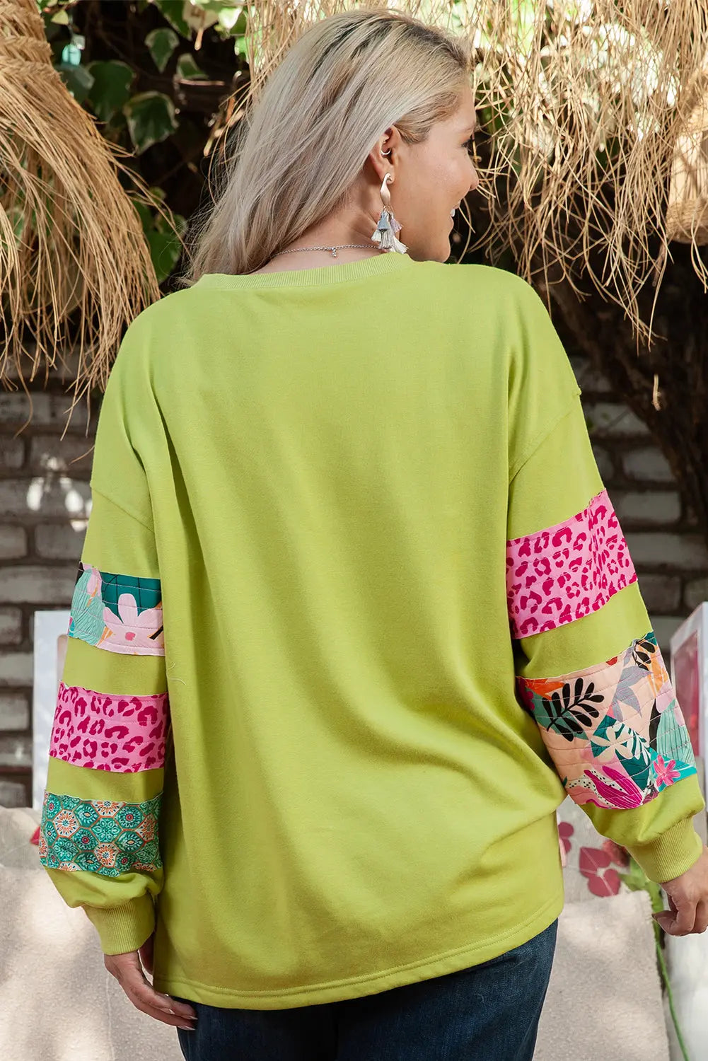 Beige Plus Size Printed Patchwork Sleeve Split Sweatshirt Beagle Boutique Fashion Outlet