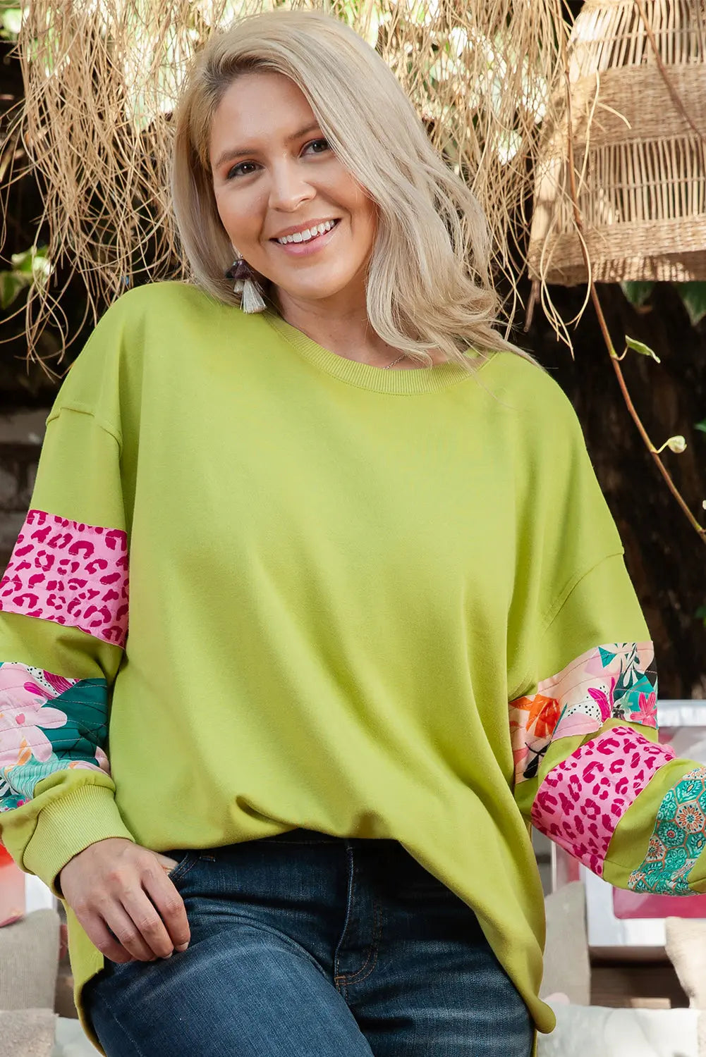 Beige Plus Size Printed Patchwork Sleeve Split Sweatshirt Beagle Boutique Fashion Outlet