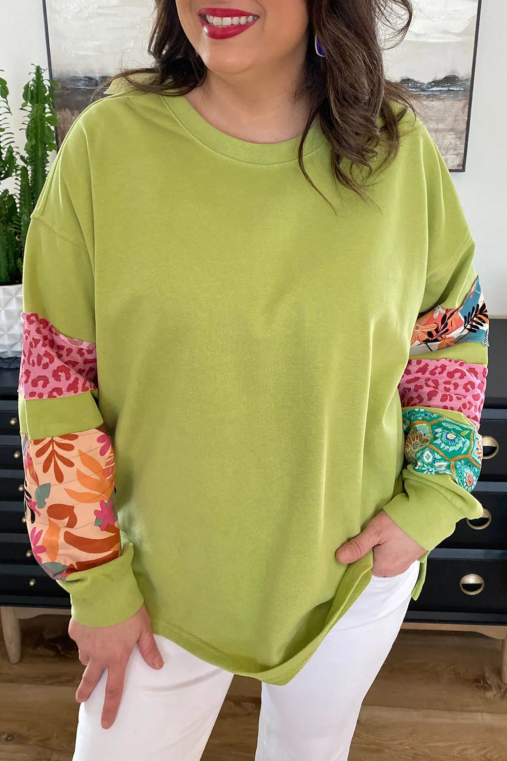 Beige Plus Size Printed Patchwork Sleeve Split Sweatshirt Beagle Boutique Fashion Outlet