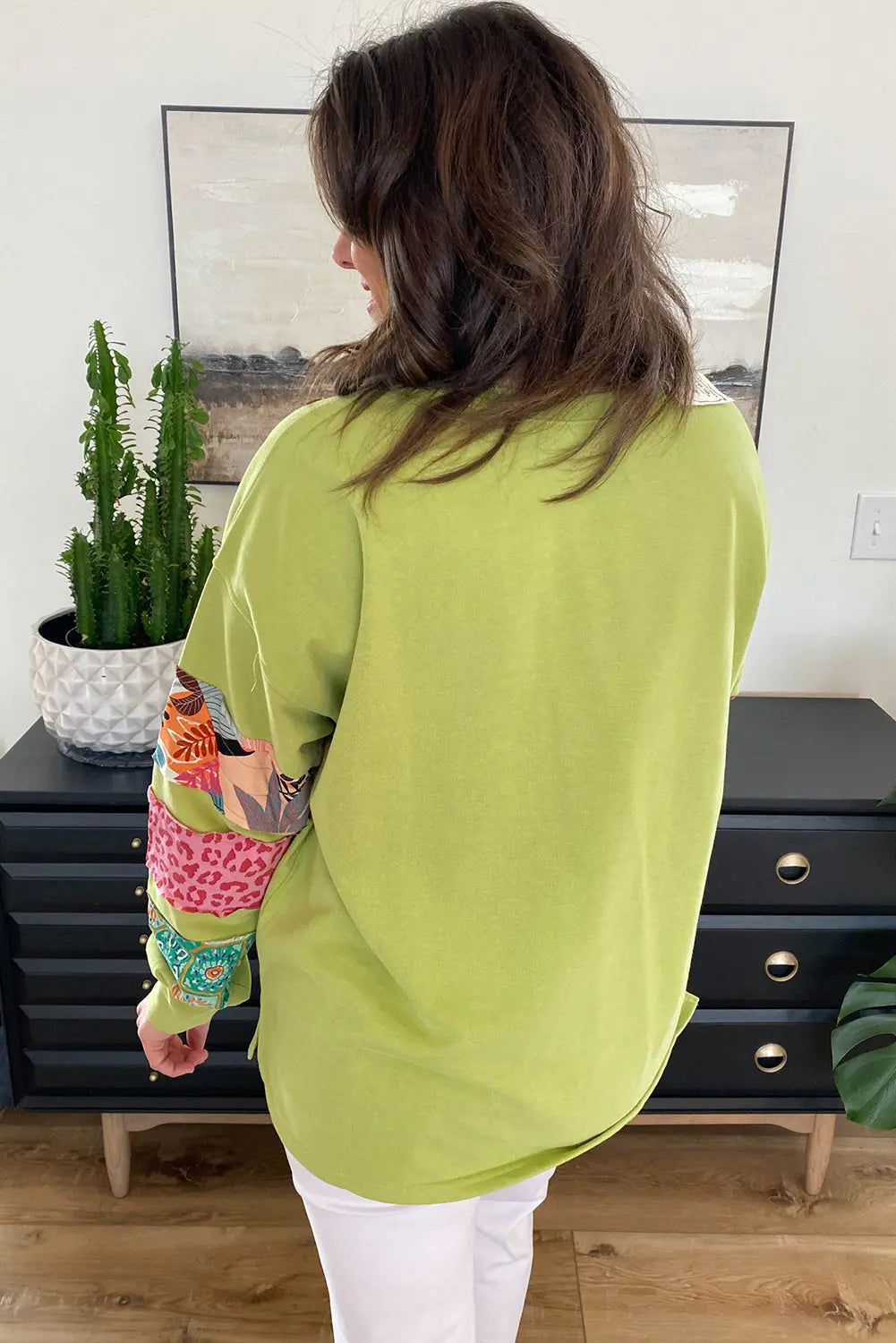 Beige Plus Size Printed Patchwork Sleeve Split Sweatshirt Beagle Boutique Fashion Outlet