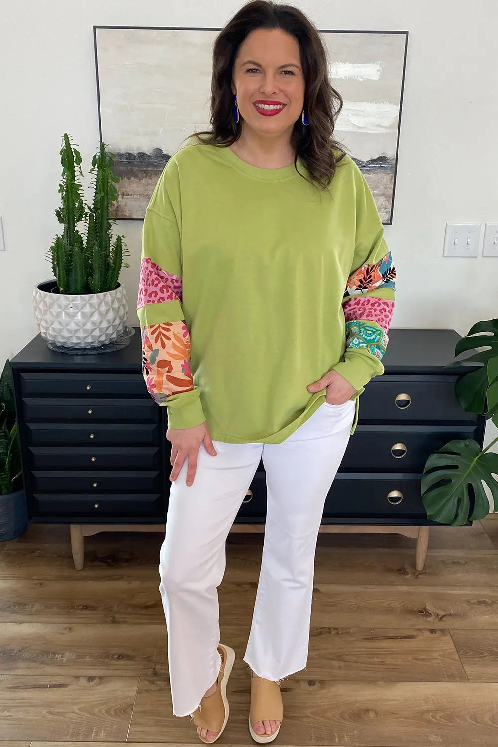 Beige Plus Size Printed Patchwork Sleeve Split Sweatshirt Beagle Boutique Fashion Outlet