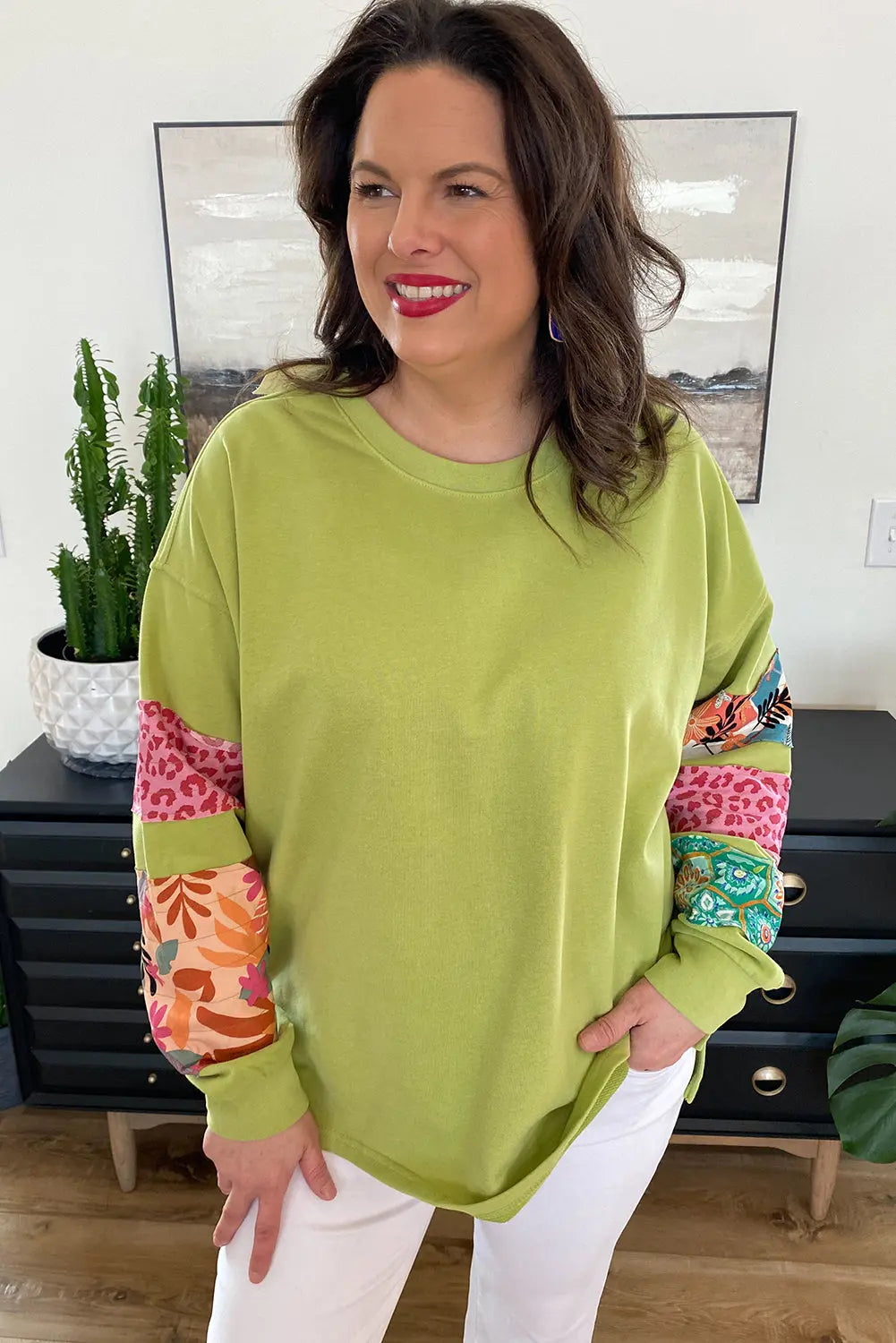 Beige Plus Size Printed Patchwork Sleeve Split Sweatshirt Beagle Boutique Fashion Outlet
