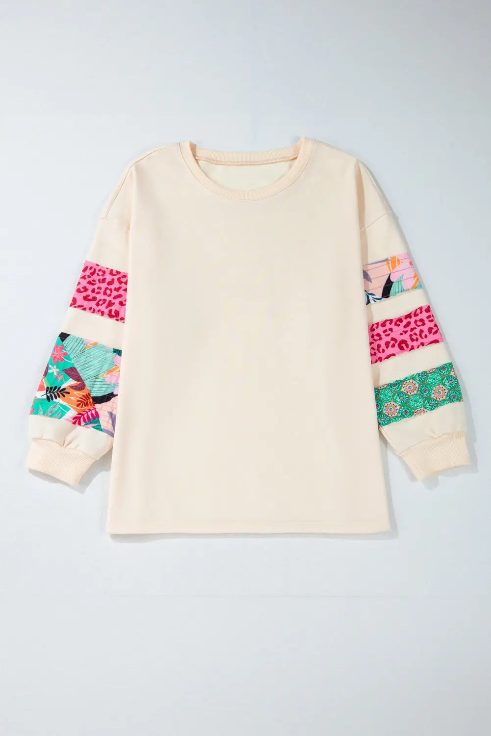 Beige Plus Size Printed Patchwork Sleeve Split Sweatshirt Beagle Boutique Fashion Outlet