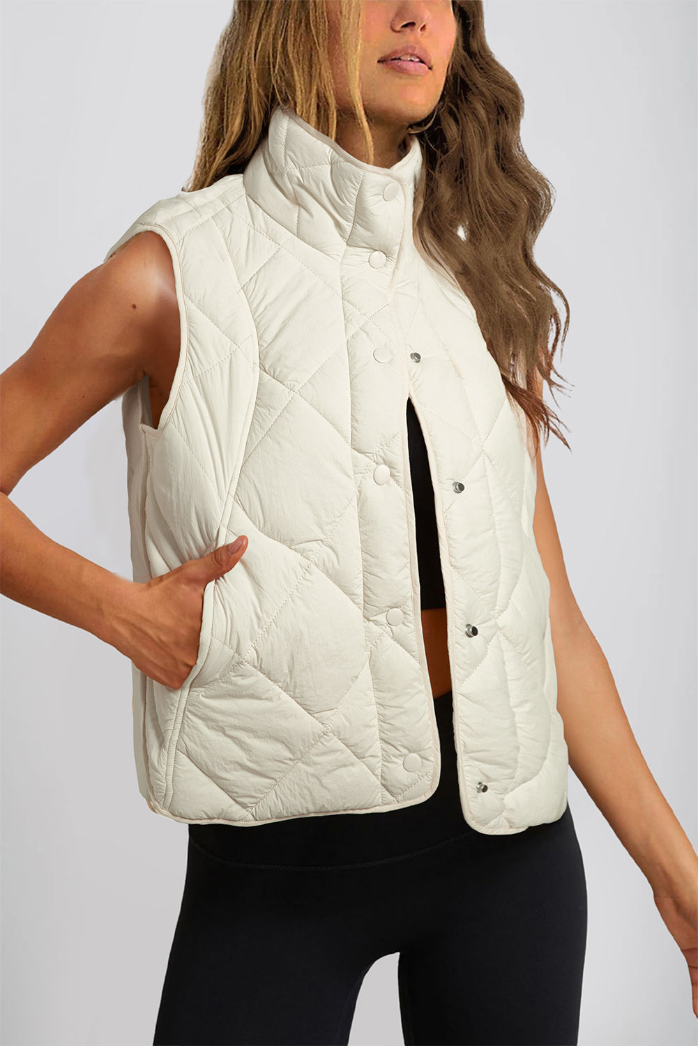 Beige Quilted High Neck Button Up Pocket Vest Coat - BEIGE / S / 100% POLYAMIDE - Outerwear/Vests