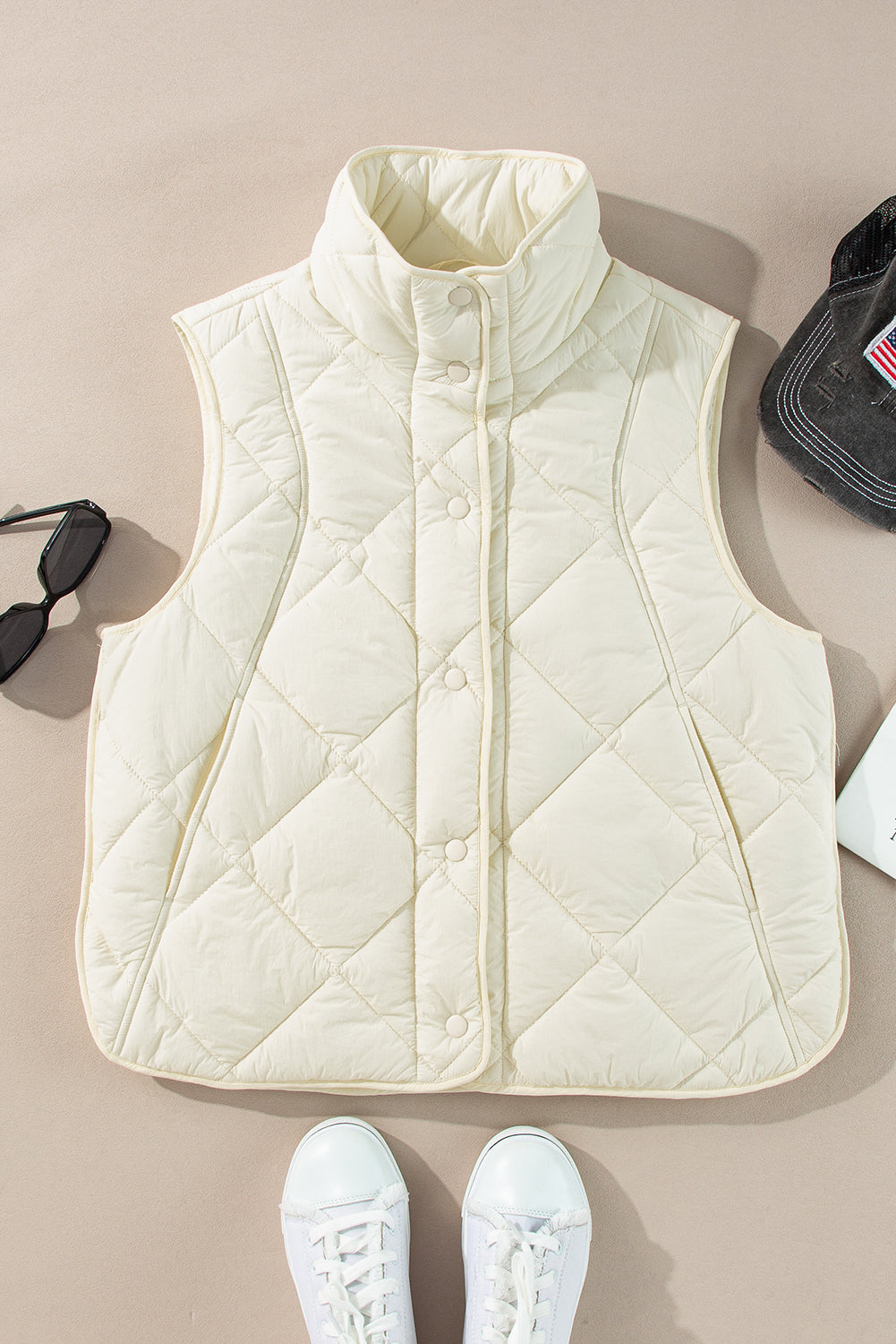 Beige Quilted High Neck Button Up Pocket Vest Coat - Outerwear/Vests